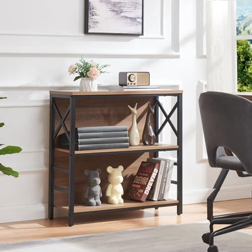 Brown 3-Tier Small Bookshelf - Industrial Metal Frame & Backboard, Rustic Compact Storage