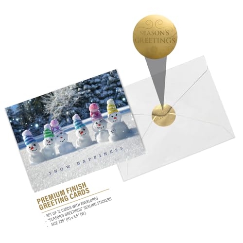 Easykart Labels 72 Christmas Greeting Cards with Envelopes & Seal Stickers - Snow Happiness Design, 7.25 x 5.5 Inch, Boxed Holiday Set for Friends & Family
