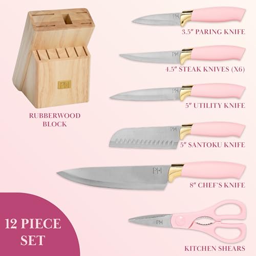 Pink 12-Piece Kitchen Knife Set with Block - High-Carbon Stainless Steel Cutlery