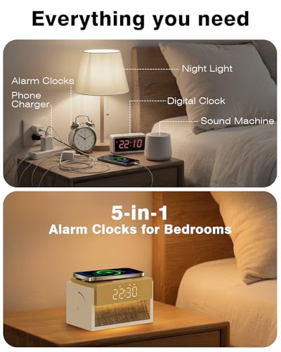 White Wood Sunrise Alarm Clock with Sound Machine & Wireless Charger - Bokefo