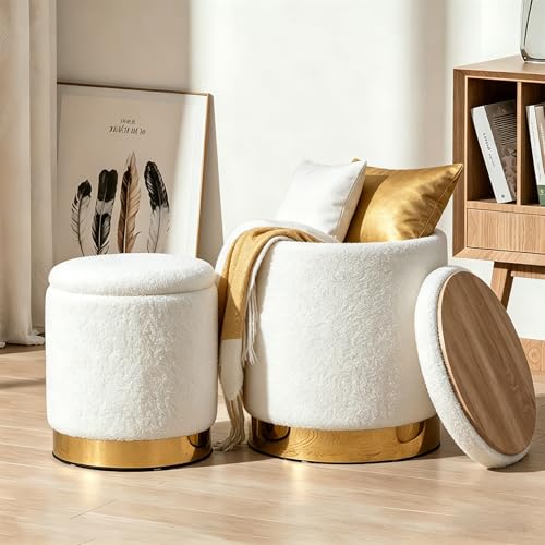 2-Pack White Teddy Storage Ottoman Set with Hidden Compartments, 14.75-inch