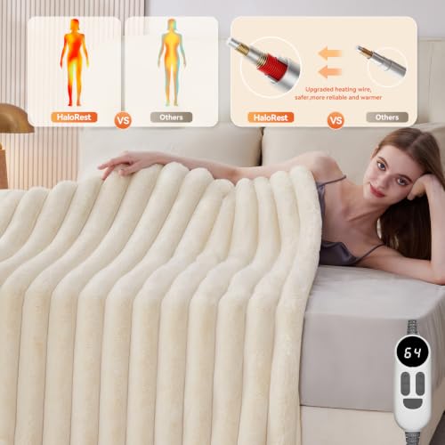 HaloRest Cream White 50x60 Inch Heated Faux Fur Throw Blanket - Electric, Soft & Safe
