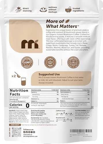 Organic Mushroom Coffee Powder 28oz - 10 in 1 Instant Arabica Blend with Lions Mane & Reishi - Pack of 1