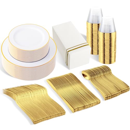 SUT White Gold Disposable Dinnerware Set 350PCS for 50 Guests – Elegant Plates & Utensils