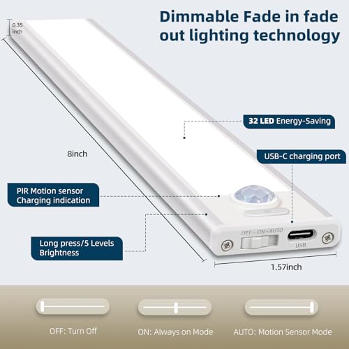 8 Inch Rechargeable Motion Sensor LED Under Cabinet Light - Wireless Dimmable White