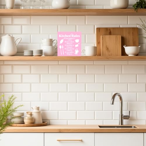 Funny Kitchen Rules Kitchen Decorations Kitchen Sing with Saying Wooden Box Sign Wood Square Box Sign for Tiered Tray Wall Decor for Home Canteen Dining Room Restaurant Dining Hall Pink