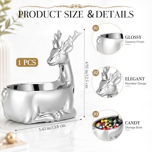 SiliFine Christmas Silver Reindeer Ceramic Candy Bowl - Holiday Table Decor