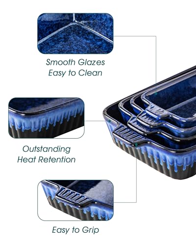 Vancasso Blue Ceramic Casserole Dishes Set of 4 Oven Safe Deep Rectangular Lasagna Pans