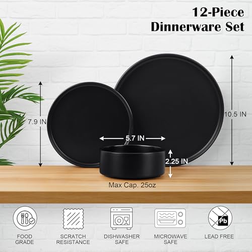 Matte Black Stoneware Dinnerware Set for 4 - 12 Pieces