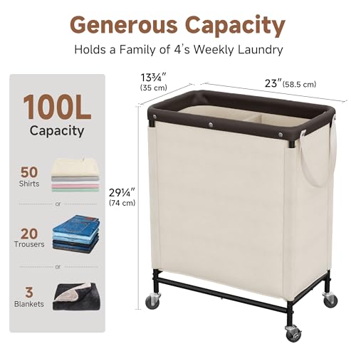 StorageWorks Beige 2-Section 100L Laundry Hamper with Wheels & Removable Fabric