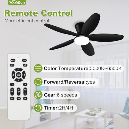 Yoedivu 42 Inch Black Flush Mount Ceiling Fan with Lights & Remote - 6-Speed, Dimmable, Timer, Noiseless