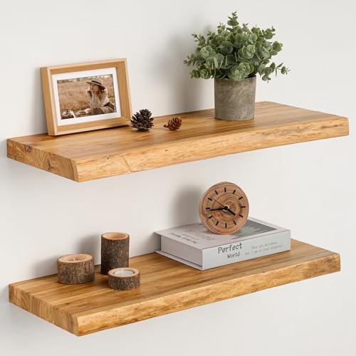 Realgulf 24-Inch Natural Elm Floating Shelves Set of 2 - Live Edge Rustic Wall Storage