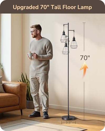 Black 70-Inch Farmhouse Floor Lamp with Diamond Shade & Dimming