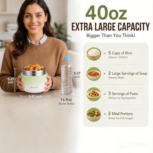 40 oz Insulated Food Jar with Dual Compartments - Green, Keeps Food Hot 8 Hours