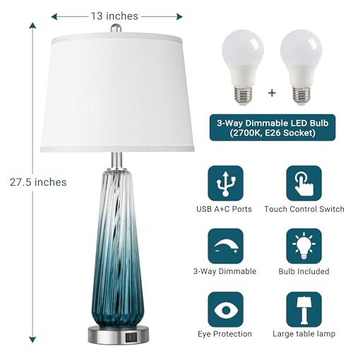 Teal Glass Table Lamps Set of 2 with Touch Control & USB Ports - Modern Nightstand Lamps for Bedroom & Living Room, 27.5 Inch