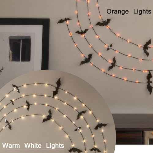 LITBLOOM Halloween Garland with Lights 6FT 80 Orange and Warm White Fairy Lights, Lighted Black Garland Battery Operated with Timer Lit Bats for Wall Porch Decoration