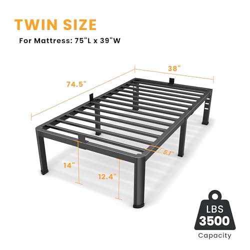 Twin Metal Bed Frame 14 Inch with Rounded Corners & Mattress Stopper - Heavy Duty Steel