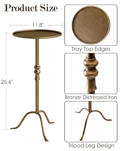 25.6-Inch Vintage Bronze Pedestal End Table with Tray Top