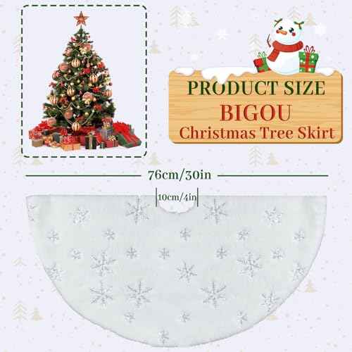 Christmas Tree Skirt 30 Inches Double Layers Silver Sequin Embroidered Snowflakes Tree Skirt White Luxury Faux Fur Christmas Decorations Holiday Party Decoration
