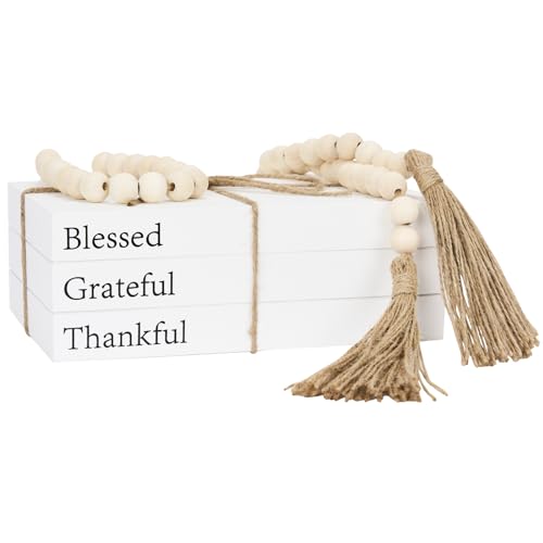 OMISHE Decorative Books for Home Decor, White Faux Books for Decoration, Rustic Farmhouse Stacked Display Decor Book with Wood Bead Garland for Coffee Tables Living Room (Blessed)