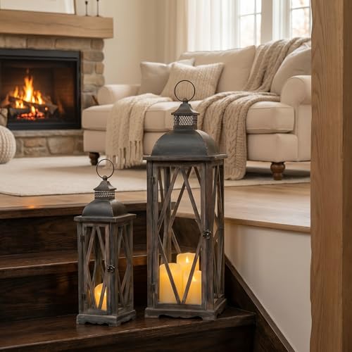 Dark Brown Farmhouse Outdoor Lanterns Set of 2 - Rustic Patio Candle Holders