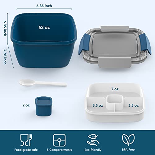 Cherrysea Salad Lunch Container, 52oz Salad Bowls with 3 Compartments Tray,Leak Proof Lunch Box with Fork for Men,Women BPA-Free Snack Container with Sauce Container for Dressings-Blue