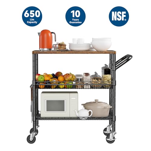 WDT 3-Tier Rolling Utility Cart with Wood & Metal - Heavy Duty Kitchen Storage