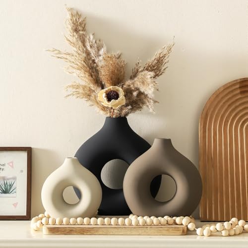 Vanselia Classic Ceramic Vase Set of 3 - Modern Donut-Shaped Table Decor
