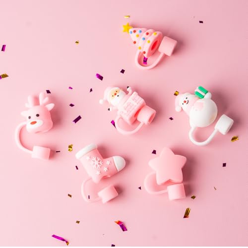 6Pcs Christmas Pink Straw Cover Cap for Stanley Cup 40oz/30oz Tumbler, 10mm Reusable Cute Drinking Straw Topper Accessories, Portable Protector Plugs Decorations Gifts for Party Christmas