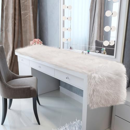 Yuboo White Faux Fur Fluffy Table Runner 14 x 72 Inches for Bedroom & Dining