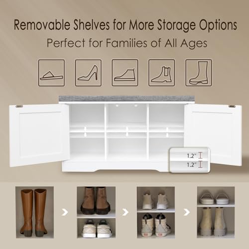 White Shoe Storage Bench with Cushion, Door, 31.5"L x 17.7"H - Entryway Organizer