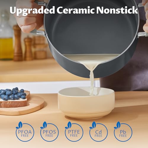 BEZIA Gray 8QT Non-Stick Ceramic Stock Pot with Lid, Induction Compatible
