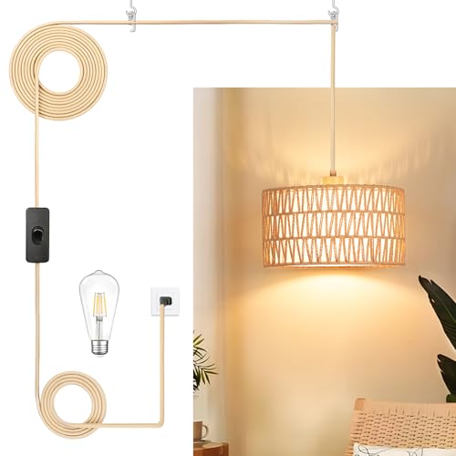 Qingmiao Boho Plug-in Pendant Light with Handwoven Shade - 3-Way Dimmable, 14ft Cord, Cylinder Drum Variant