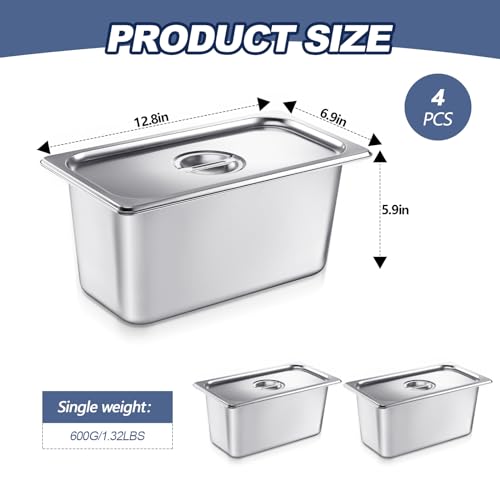 4 Pack 1/3 Size x 6 Inch Deep Stainless Steel Steam Table Pans with Lids - Restaurant & Catering Use