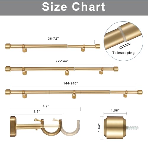 Heavy Duty Extendable Curtain Rod 1 1/8 Inch Diameter, Warm Gold, 72-144 Inches