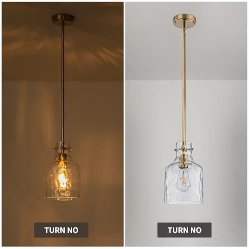Pendant Light Fixture with Hammered Glass Shade - Gold Finish, 7 Inch, Adjustable Hanging for Kitchen Island & Dining - Variation of Gold Hammered Glass / 1-Light