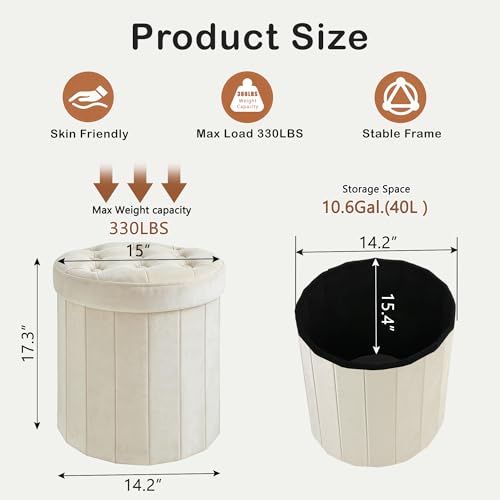 Beige Velvet Storage Ottoman with Hidden Storage - Foldable Vanity Stool