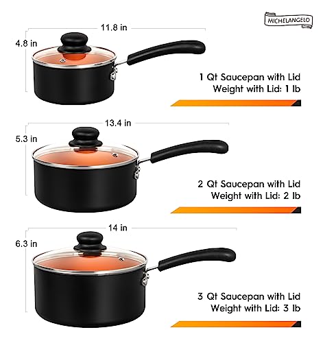 Michelangelo Copper Nonstick Saucepan Set 1QT, 2QT, 3QT with Lid - Compatible with Induction