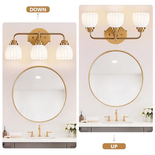 Gold Bathroom Light Fixture 3-Light Vintage Vanity Over Mirror - Brush Gold & Milk, 19.2 Inch