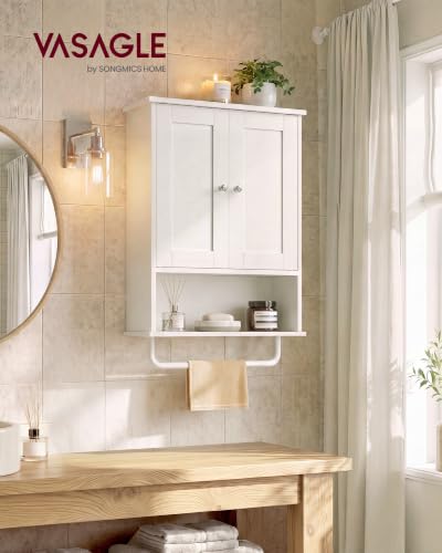 VASAGLE Cloud White Wall Mounted Bathroom Cabinet with Towel Rod, 2 Doors & Adjustable Shelves