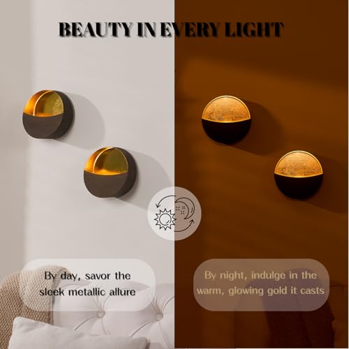 Batoslee Eclipse Wall Candle Sconce Set of 2 – Brushed Woodgrain with Gold Interior