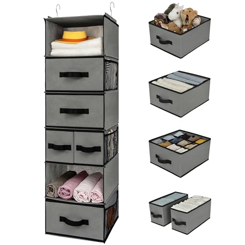 Hanging Closet Organizer with 6 Shelves & 5 Drawers - Gray, 6-Tier Inseparable Variation
