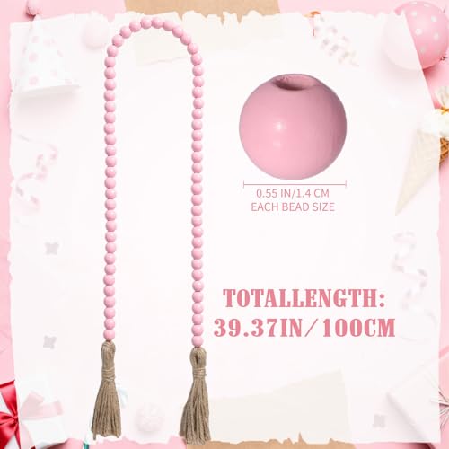 Equsion 1 Pcs Pink 0.55 Inch Wooden Bead Garland with Tassels - 3.3 ft