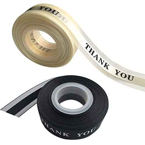 2 Rolls Satin Organza Ribbons for Thanksgiving Father's Valentine's Day Gift Wrapping,1 Inch by 25 Yard Thank You Printing,Wedding Favor Cake Decoration Handmade Crafts (Black+Champagne)