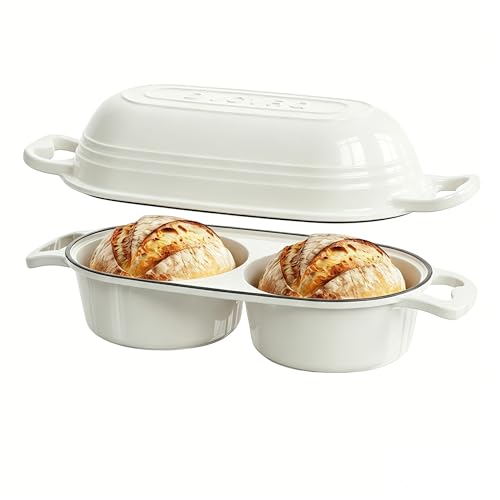 Enamelled Cast Iron Double Round Bread Loaf Pot with Lid - Cream White - 2 Chambers