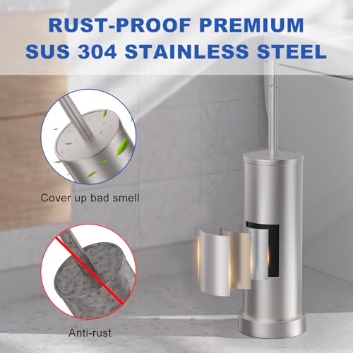 Kaxnuaxu Brushed Nickel Toilet Brush & Holder Set - Heavy Duty Stainless Steel, Space-Saving Design, Removable Splash Guard, Long Handle - Variation 1