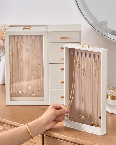 Lolalet Beige Large Jewelry Box Organizer for Women, Holds 24 Necklaces, Multiple Drawers & Ring Slots