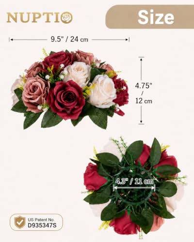 Artificial Flower Centerpieces - Fake Rose Balls with Patented Bases, 10 Pcs, Burgundy & White