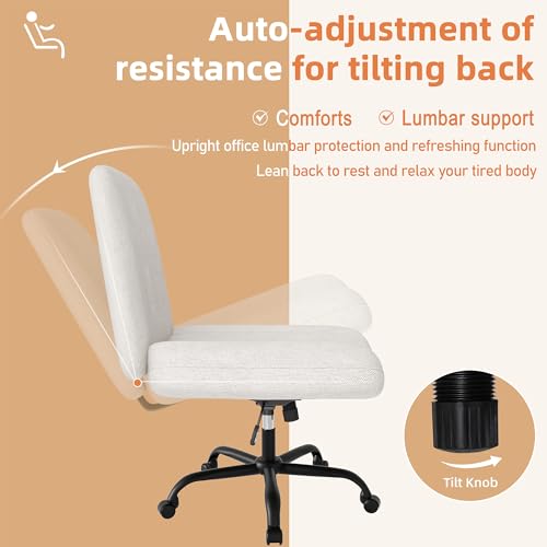 Shintenchi Beige Cross Leg Office Chair with Wheels, Height Adjustable Swivel Armless Desk Seat