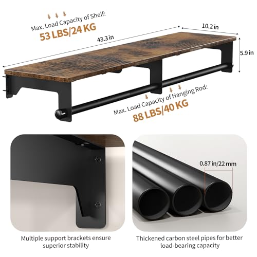 Wall Mount Clothes Rack with Wooden Shelf - Black + Brown, 43.3 Inch